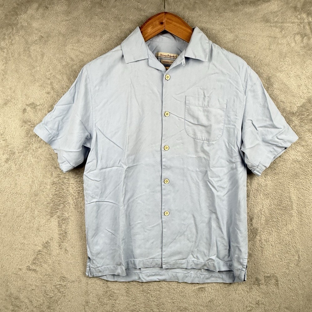 Tommy Bahama Shirt Mens L Blue Silk S/S Button Down Original Fit Vacation Resort
